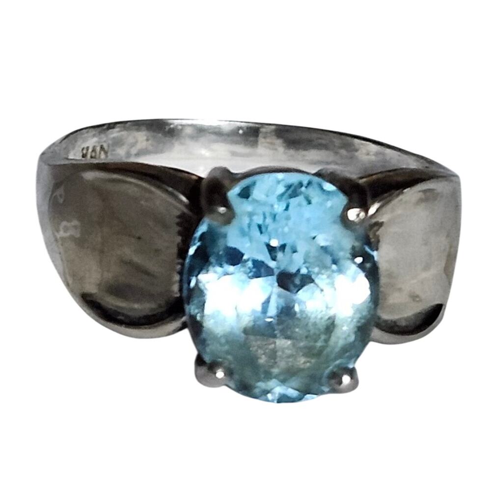 Vintage HAN 925 Sterling Silver Oval Blue Topaz Solitaire Ring Size 9